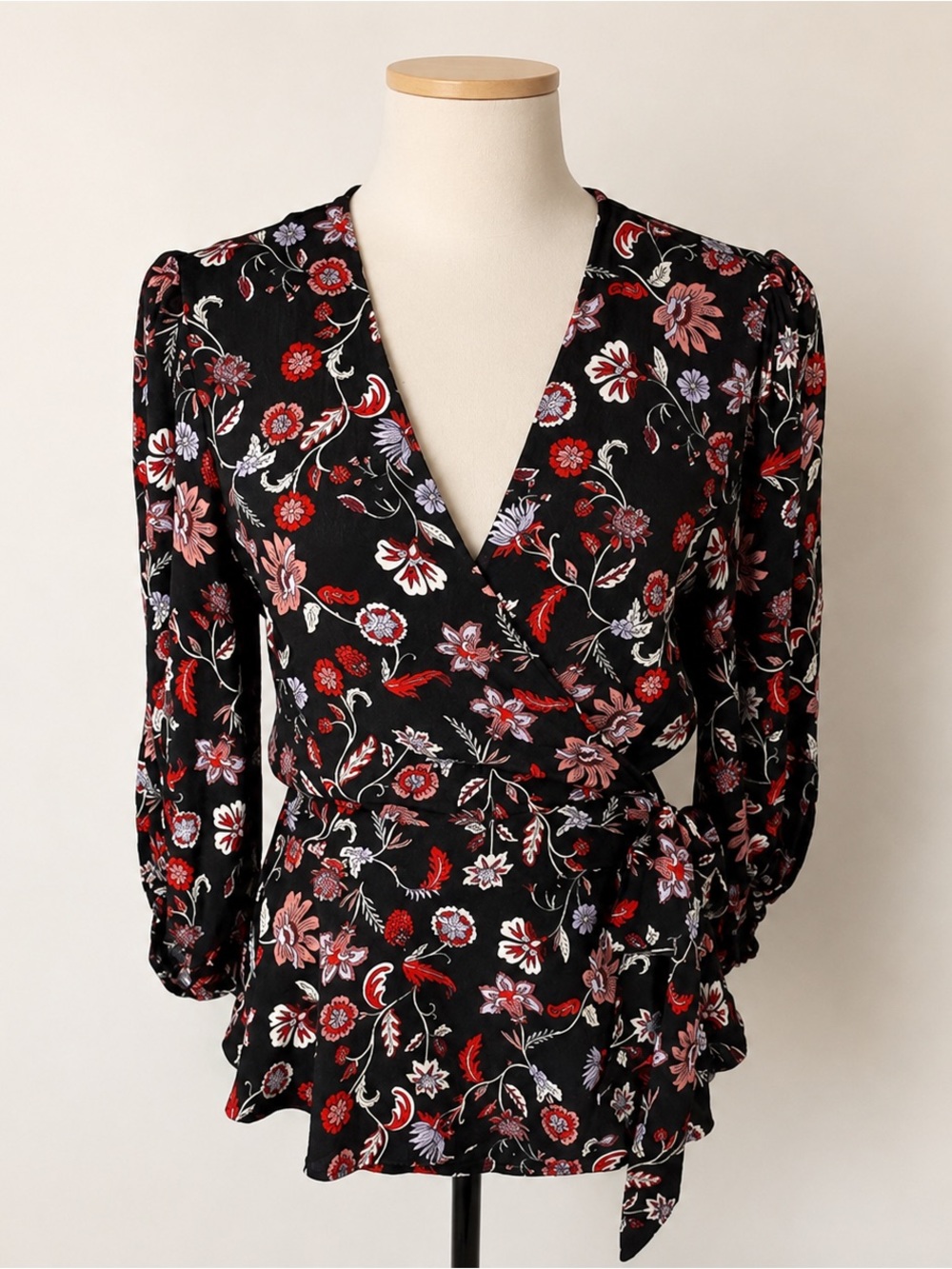 Banana Republic Black Floral Wrap Blouse with Red & Pink Flowers